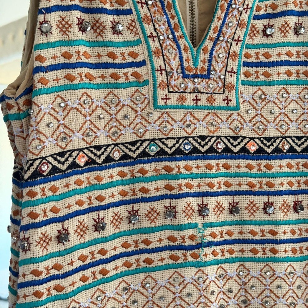 Lucky Brand Tribal Embroidered Embellished Boho Twee Bodycon Dress XS Multi